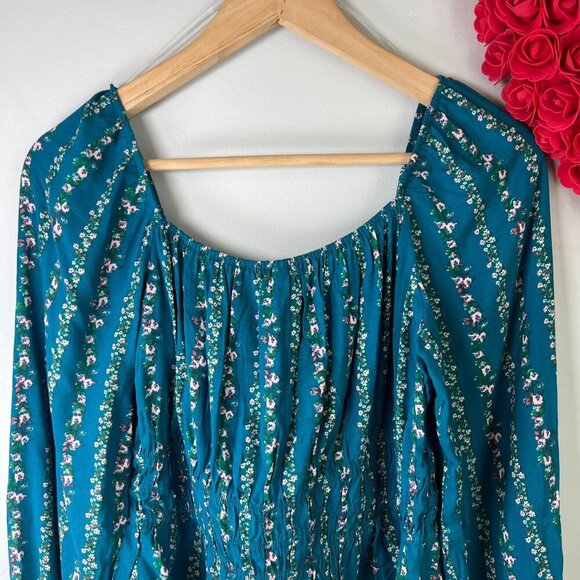 Kingston Grey Emma JUNIOR Smocked Waist Floral Cropped Top Medium Teal Blue Rayo - Picture 7 of 11